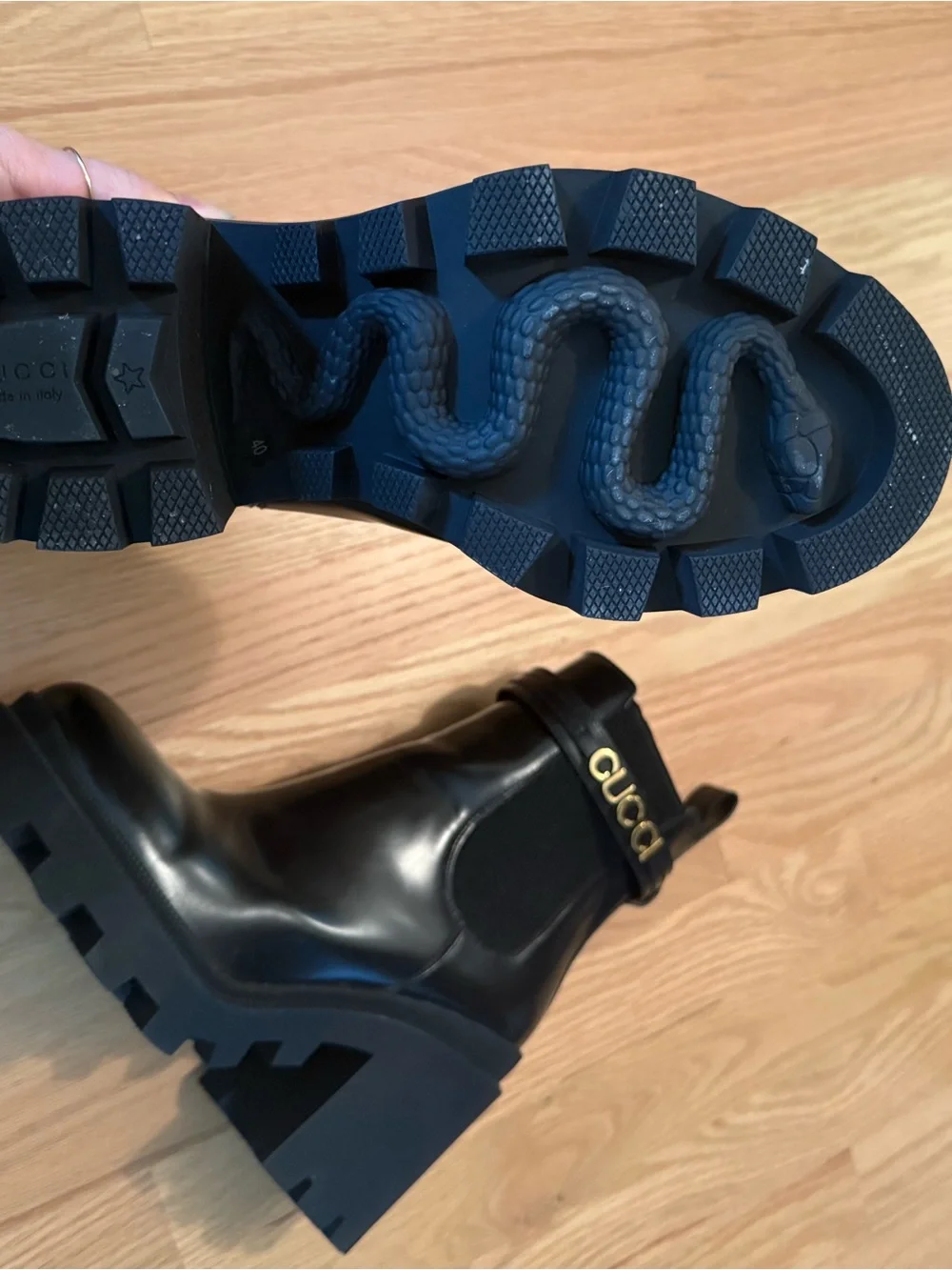 Gucci Cara Logo Boot, Leather Lug Sole Ankle Boots with Gold Logo Strap - Picture 4 of 7